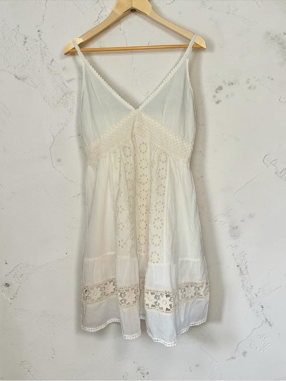 Anthropologie Vibes Babydoll Mini Dress Lace Trim Embroidered Eyelet Cream